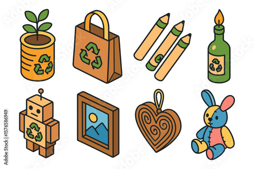 Eco-friendly concepts in colorful isometric design featuring recycled items and sustainability symbols