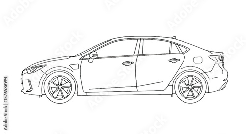 Line art hybrid car parked in side profile view  
