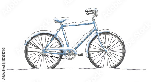 Blue bicycle covered in snow on white background  