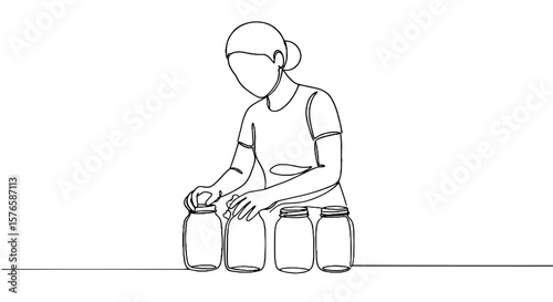 Woman washing glass jars while sitting at a table in a minimalist style  