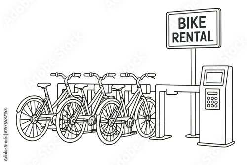 Bicycle rental station with multiple bikes and payment kiosk  