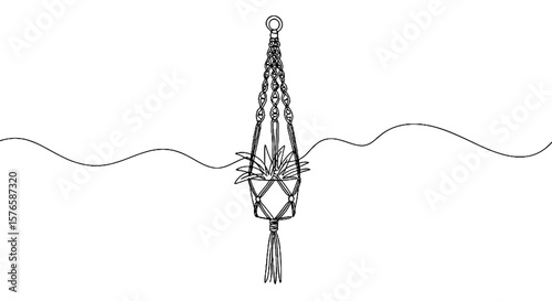 Macrame plant hanger design with decorative plant and string  