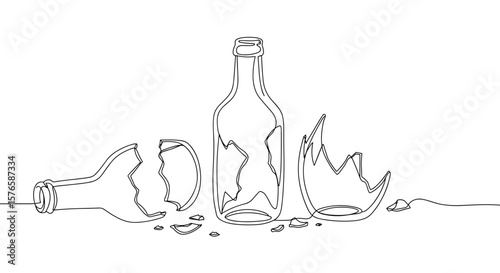 Line art of broken glass bottles and shards on a surface  