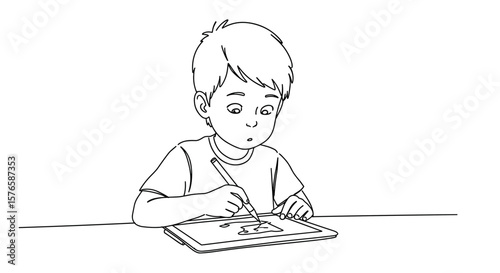 Young child drawing with stylus on tablet at home table  