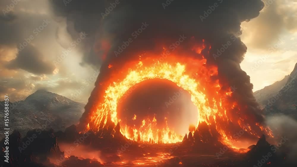 Volcanic Eruption with Lava Flow and Fire Explosion in Mountainous Landscape
