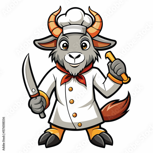 Cartoon goat chef holding knife and spatula
