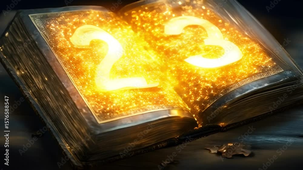 Magical Book Opening with Glowing Numbers and Sparks in Fantasy Style