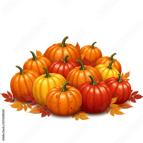 Vibrant Autumn Harvest: A Pile of Colorful Pumpkins and Autumn Leaves.