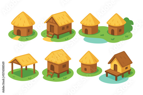 Set of traditional hut designs in isometric style with grass patches