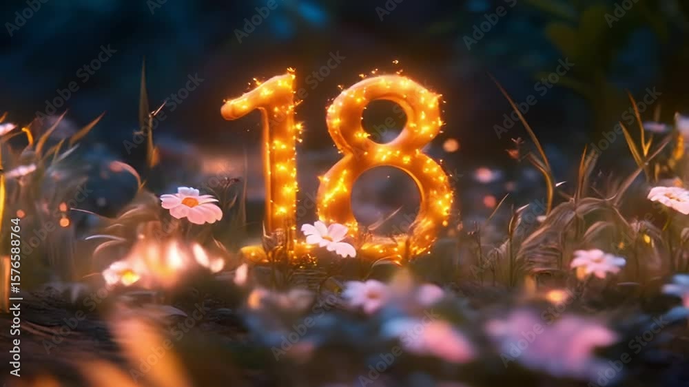 Illuminated number eighteen glowing amidst flowers in a magical night scene