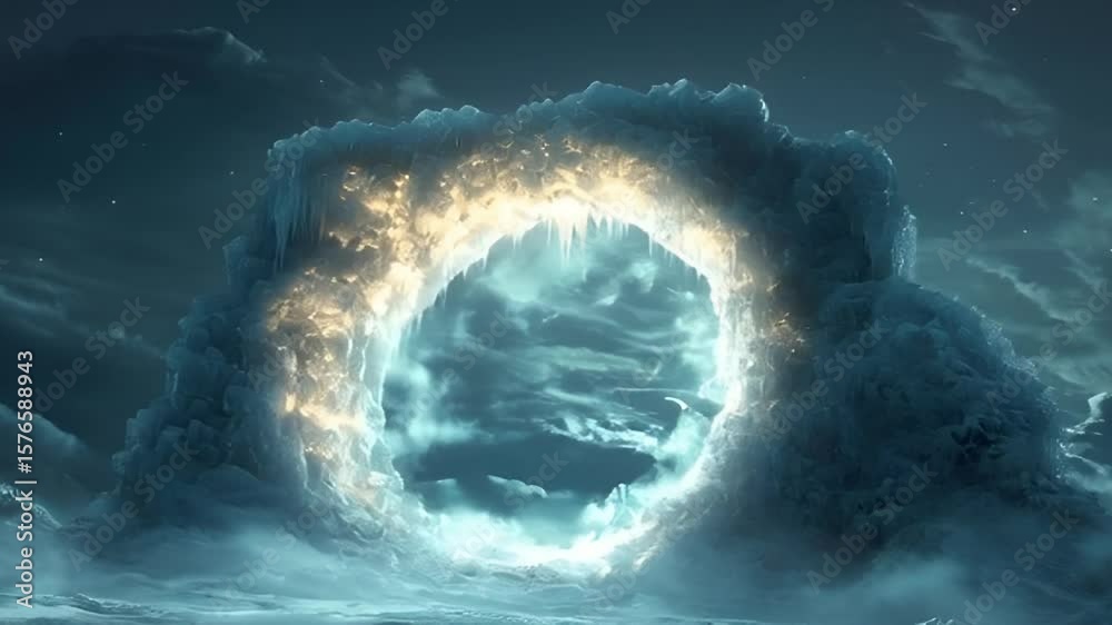 Majestic Ice Arch Formation in a Frozen Landscape Under Moonlit Night