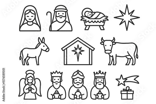 Nativity scene outline icons with Christmas symbols – Jesus, Mary, Joseph vector set on white background