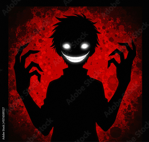 Creepy Silhouette with Glowing Eyes and Grinning Smile on Red Splatter Background