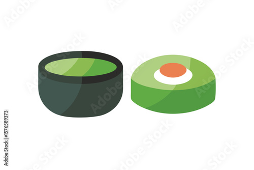 Miso Soup And Sushi Roll Vector Illustration On White Background