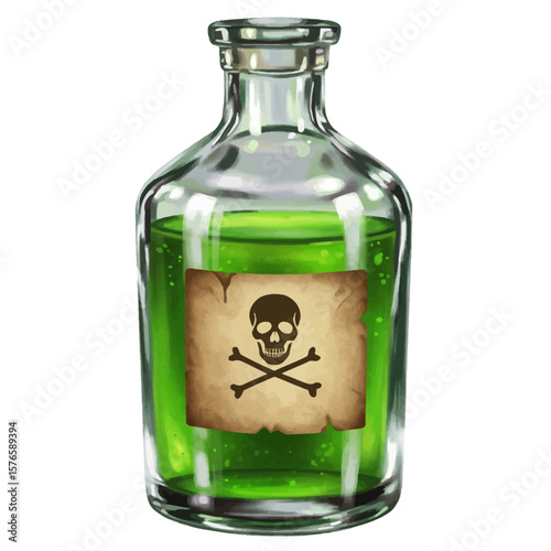 Poisonous Green Liquid in Antique Glass Bottle with Skull and Crossbones Label.