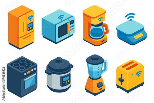 Smart kitchen appliances isometric icons: modern connected devices for home automation