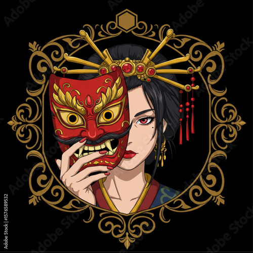 Japanese Woman in Traditional Attire Holding Hannya Mask Illustration with Ornate Frame