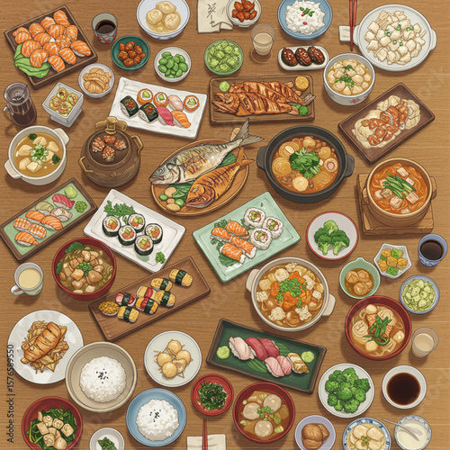 Variety of Japanese Food Illustration Flat Lay Top View