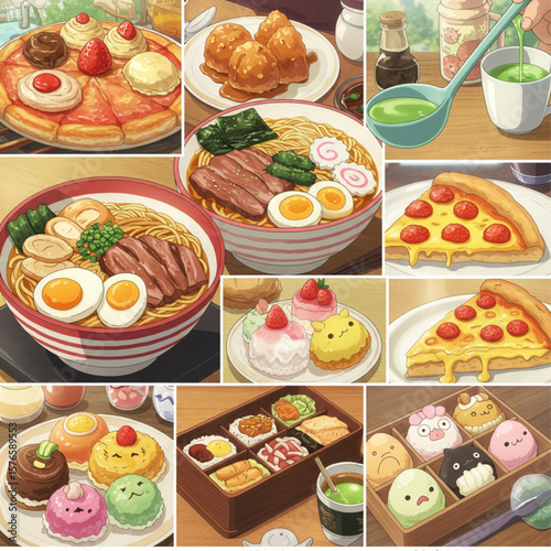 Cute Collage Illustration of Delicious Food and Sweet Treats