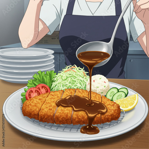 Serving Delicious Tonkatsu with Sauce and Salad Illustration