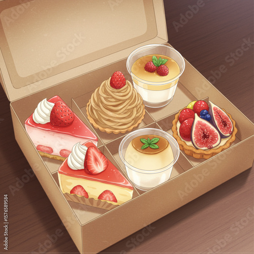Assortment of Delicious Desserts in a Takeaway Gift Box Illustration - Strawberry Cake, Mont Blanc, Fig Tart, Pudding