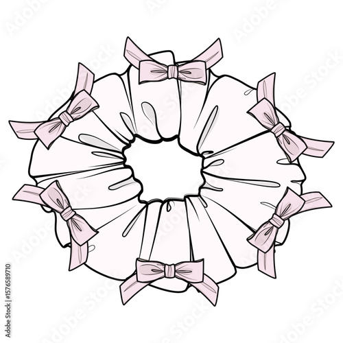 HAIR SCRUNCHIE WITH MINI BOWS. VECTOR FILE. MULTIPLE COLORS WAYS IN FILE INCLUDING A BLACK AND WHITE VERSIO