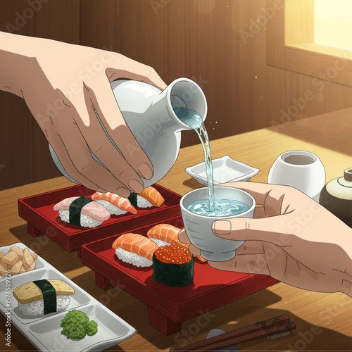 Pouring Sake Into Cup at a Sushi Dining Table with Variety of Nigiri and Rolls