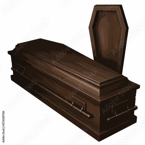 Detailed Illustration of a Dark Wooden Coffin with Lid Ajar.
