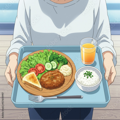 Anime Style Meal Tray with Hamburger Steak, Rice, Salad, Toast, Vegetables, and Orange Juice