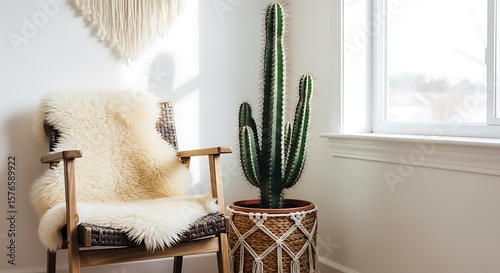 A cozy room featuring a wooden chair draped with a sheepskin, a tall cactus in a woven planter, and a bright window.