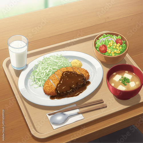Anime Style Illustration of a Japanese Tonkatsu Meal Tray with Miso Soup and Salad