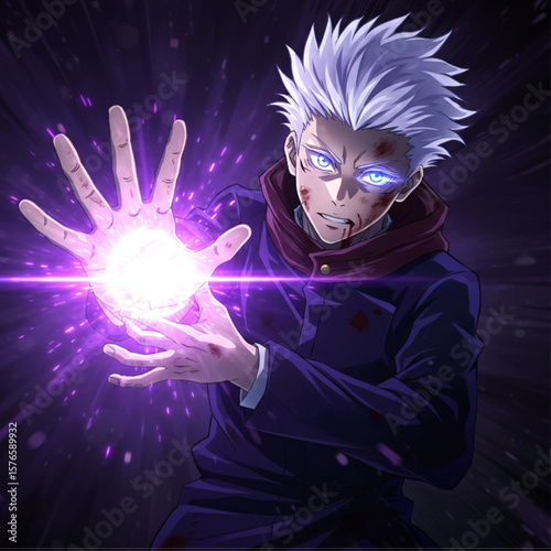 Anime Style Illustration of Powerful Male Character Casting Magic Spell with Purple Energy