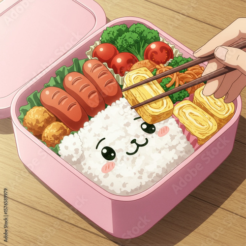 Hand with Chopsticks Picking up Egg Roll from Cute Character Face Rice Bento Box with Sausages and Vegetables