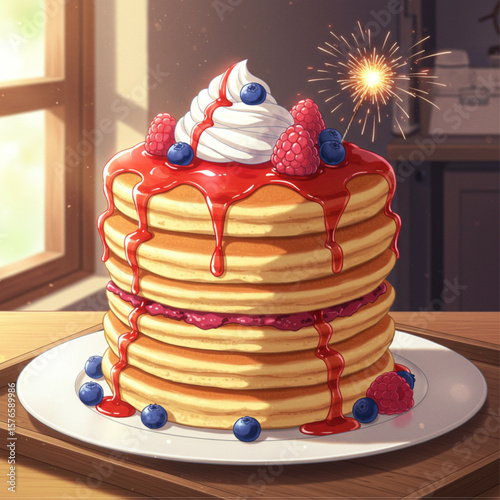 Tall Stack of Delicious Pancakes with Berries, Whipped Cream, Red Syrup, and Sparkler Illustration