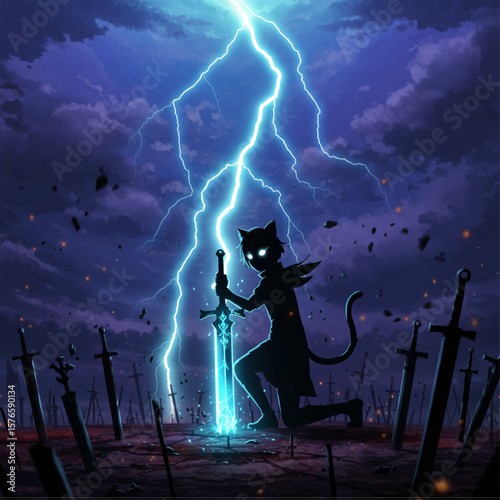 Anime Silhouette Holding Glowing Sword in Stormy Battlefield Under Lightning Strike