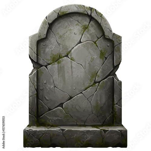 Weathered Tombstone Illustration: Cracked Stone Moss Isolated on White Background.