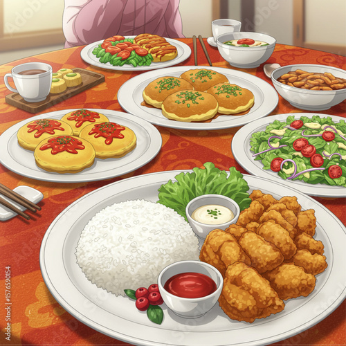 Anime Style Dinner Table Filled with Various Dishes Including Fried Chicken, Rice, and Salad