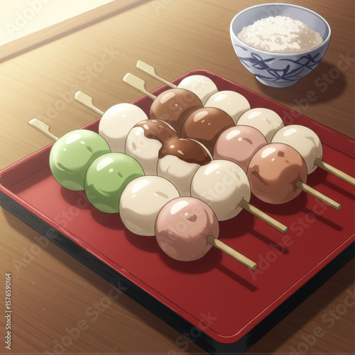Colorful Japanese Dango Dessert Skewers with Rice Bowl Illustration