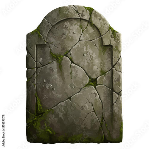 Weathered Gray Stone Tombstone with Intricate Cracks and Moss.