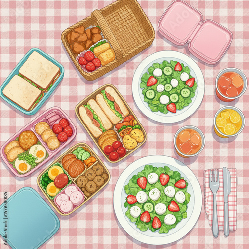 Overhead Illustration of a Picnic Spread with Bento Boxes, Salads, and Drinks on a Pink Checkered Blanket