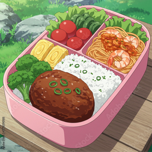 Anime Style Japanese Bento Box Lunch with Hamburger Steak and Shrimp Pasta Illustration