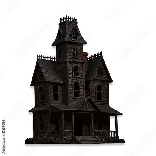 Miniature Haunted House Model with Tower and Porch on White Background.