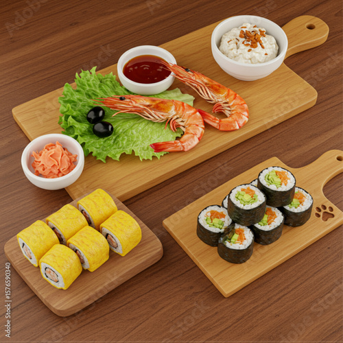 Assortment of Japanese Sushi Rolls and Shrimp on Wooden Boards