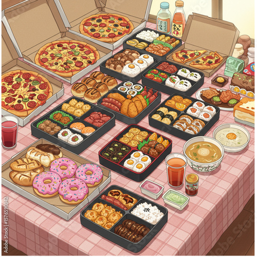 Abundant Table of Mixed Food Including Pizza, Bento Boxes, and Donuts Illustration