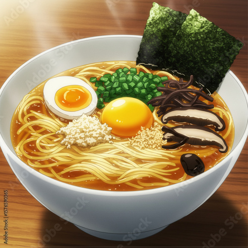 Delicious Japanese Ramen Noodle Soup Illustration in Anime Style with Egg and Toppings