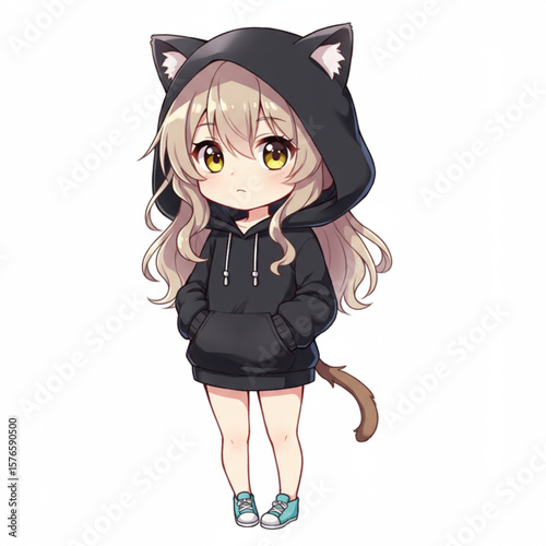 Cute Anime Girl Character in Cat Ear Hoodie