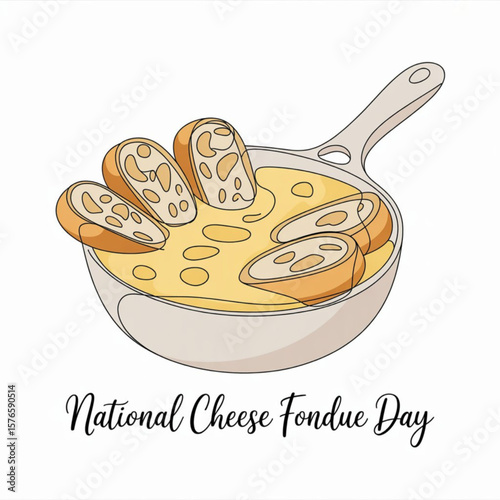 Single one line drawing pan containing liquid cheese. Bread slices dipped in warm cheese. Unique but still delicious way to eat. National Cheese Fondue Day. Vector illustration