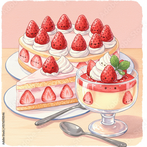 Cute Strawberry Desserts Watercolor Illustration