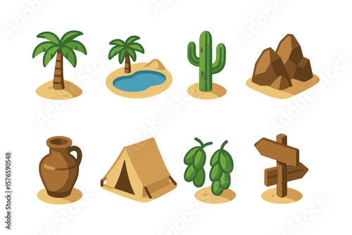 Isometric desert icons set: palm, oasis, cactus, rocks, clay, tent, olives, and signpost