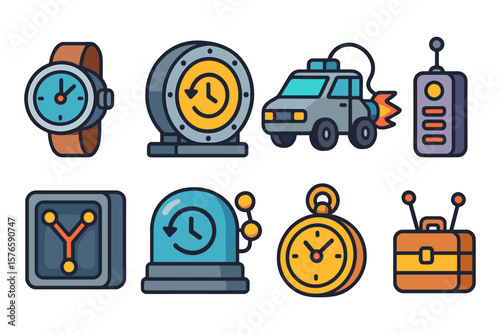 Time travel icons: retro gadgets and futuristic tools in flat design